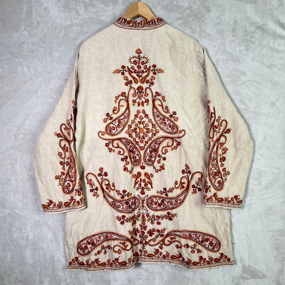 VTG Soft Surroundings XL Embroidered 100% Linen Lined Kimono Jacket Coat Paisley - Picture 2 of 14
